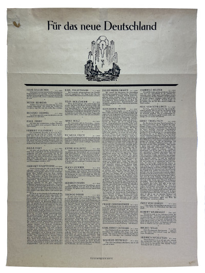 Für das neue Deutschland. Affiche typographique imprimée en noir sur papier, ornée d'une vignette expressionniste figurant une cité renaissant des ruines. 