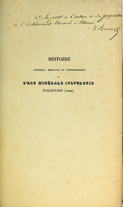 Histoire chimique, médicale et topographique de l'eau minérale sulfureuse et de l'établissement thermal d'Allevard (Isère). 