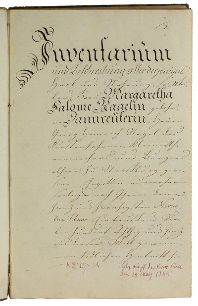Inventarium über Weiland Frauen Margaretha Salome Nägelin gebohrne Nannreitherin, Herrn Georg Heinrich Nagels des Kunst-erfahrenen Klein-Uhrmachers und Bürgers allhier zu Straßburg, im Leben gewesene Frau Begattin, nunmehro seligen Vermögens-Nachlaßenschafft, aufgerichtet im Jahr 1783. 
