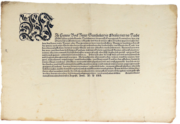 Wir Hanns Bock Ritter Statthalter der Meister vnd der Rathe zu Straßburg thun kundt…. 