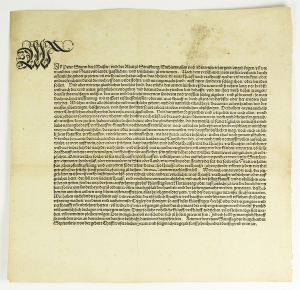 Wir Peter Sturm der Meister und der Rhatt zu Straßburg / Embieten allen und jeden vnsern burgern / angehörigen und verwanten / inn Statt und landt / gaistlichen und weltlichen / zu vernemmen…. 