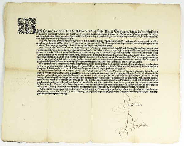 Wir Heinrich von Müllenheim der Meister vnd der Rath allhie zu Straßburg…. 