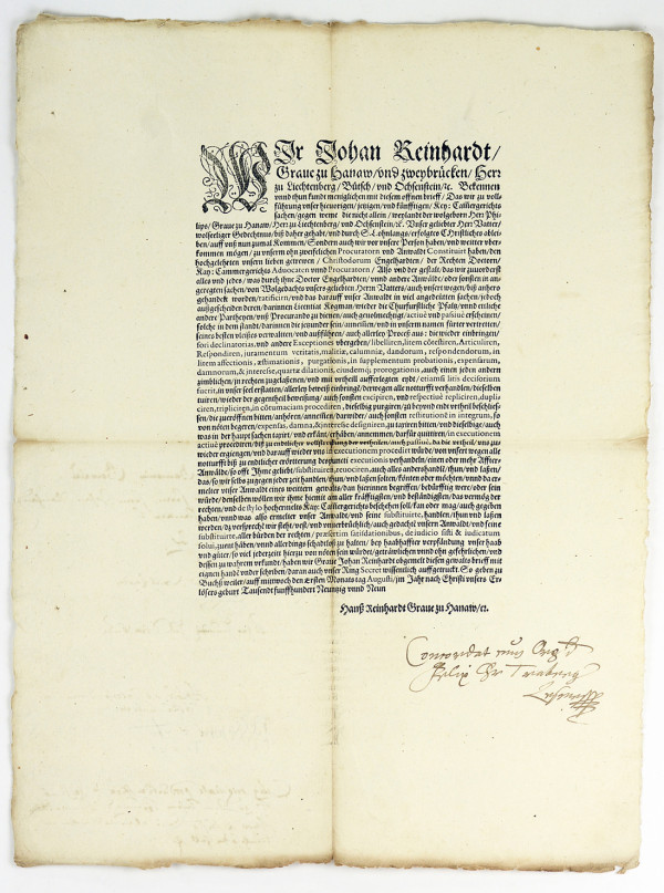 Wir Johan Reinhardt Graue zu Hanaw vnd zweybrücken…. 