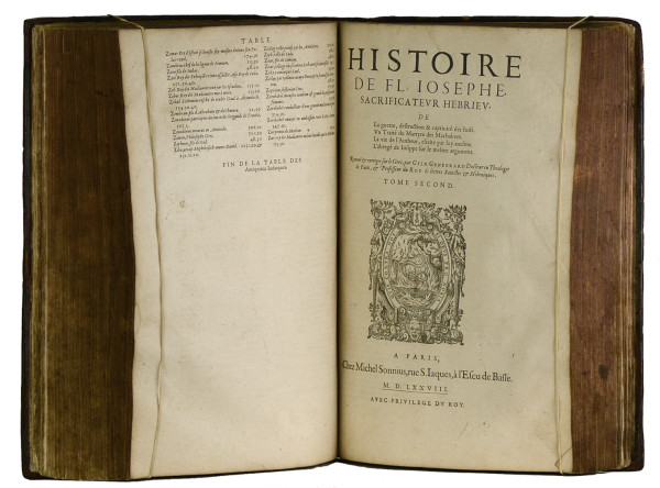 Histoire de Fl. Josèphe, sacrificateur hebrieu, mise en françois, reveuë sur le grec et illustrée de chronologie, figures, annotations et tables, tant des chapitres que des principales matières, par D. Gilb. Genebrard. 