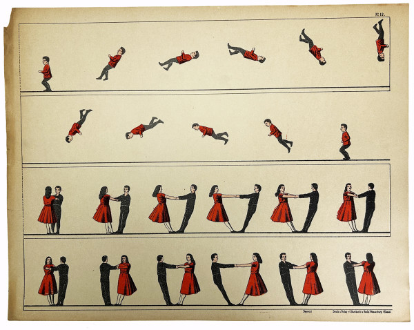 Tout pour fabriquer un zootrope : le mode d'emploi, un feuillet cartonné comportant le cylindre ajouré à découper, un plan figurant l'objet fini, et 15 ff.de planches à découper également, dont 14 imprimées recto-verso. 