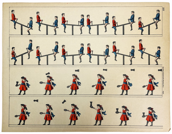 Tout pour fabriquer un zootrope : le mode d'emploi, un feuillet cartonné comportant le cylindre ajouré à découper, un plan figurant l'objet fini, et 15 ff.de planches à découper également, dont 14 imprimées recto-verso. 