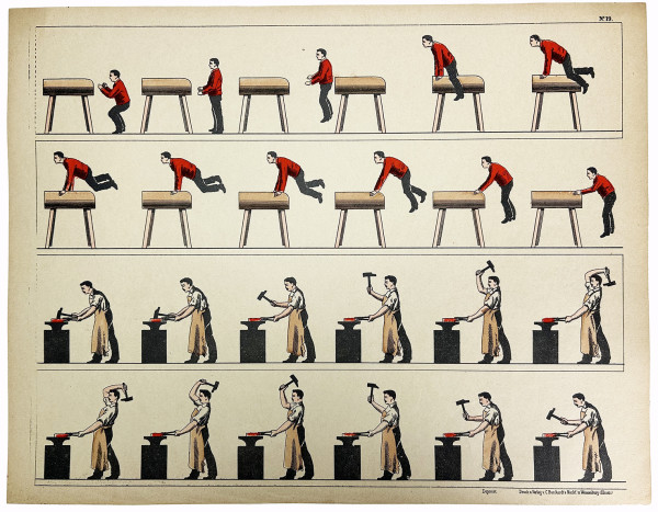 Tout pour fabriquer un zootrope : le mode d'emploi, un feuillet cartonné comportant le cylindre ajouré à découper, un plan figurant l'objet fini, et 15 ff.de planches à découper également, dont 14 imprimées recto-verso. 
