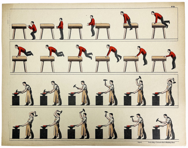 Tout pour fabriquer un zootrope : le mode d'emploi, un feuillet cartonné comportant le cylindre ajouré à découper, un plan figurant l'objet fini, et 15 ff.de planches à découper également, dont 14 imprimées recto-verso. 