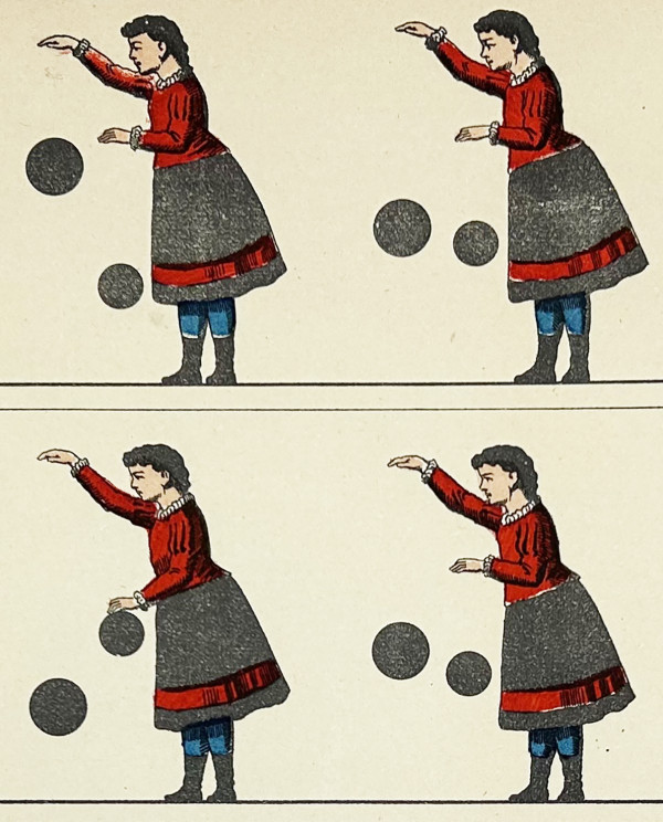Tout pour fabriquer un zootrope : le mode d'emploi, un feuillet cartonné comportant le cylindre ajouré à découper, un plan figurant l'objet fini, et 15 ff.de planches à découper également, dont 14 imprimées recto-verso. 