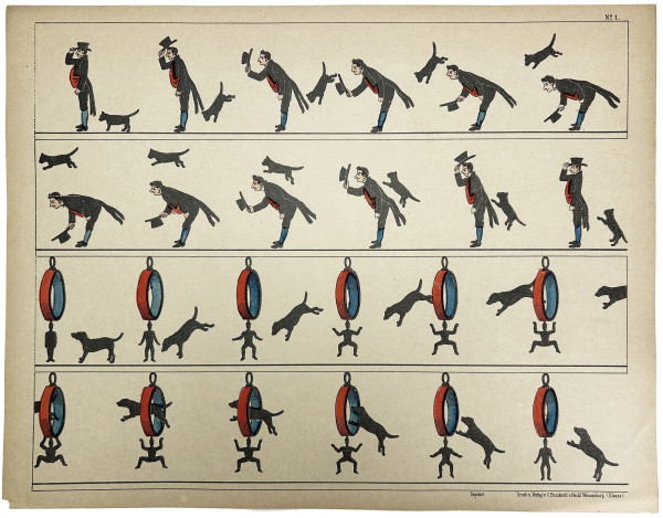 Tout pour fabriquer un zootrope : le mode d'emploi, un feuillet cartonné comportant le cylindre ajouré à découper, un plan figurant l'objet fini, et 15 ff.de planches à découper également, dont 14 imprimées recto-verso. 