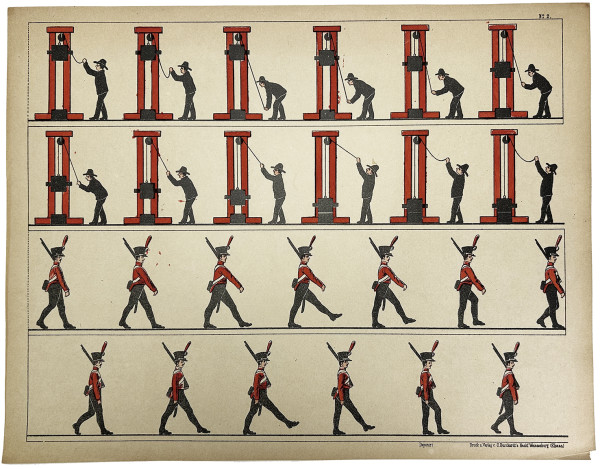 Tout pour fabriquer un zootrope : le mode d'emploi, un feuillet cartonné comportant le cylindre ajouré à découper, un plan figurant l'objet fini, et 15 ff.de planches à découper également, dont 14 imprimées recto-verso. 