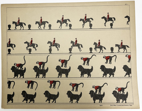 Tout pour fabriquer un zootrope : le mode d'emploi, un feuillet cartonné comportant le cylindre ajouré à découper, un plan figurant l'objet fini, et 15 ff.de planches à découper également, dont 14 imprimées recto-verso. 