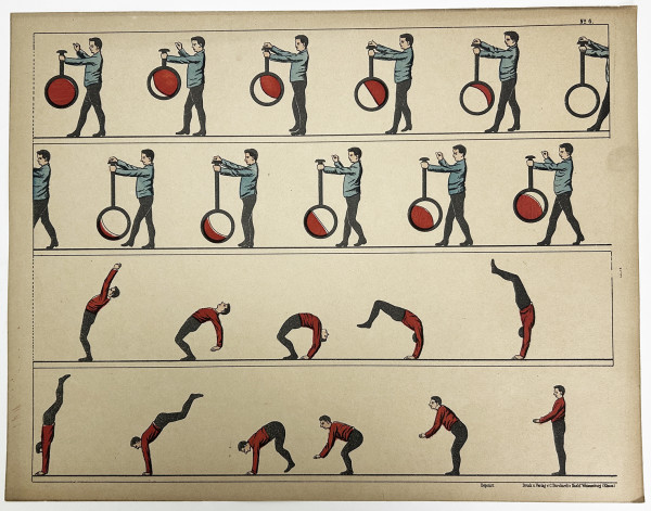 Tout pour fabriquer un zootrope : le mode d'emploi, un feuillet cartonné comportant le cylindre ajouré à découper, un plan figurant l'objet fini, et 15 ff.de planches à découper également, dont 14 imprimées recto-verso. 