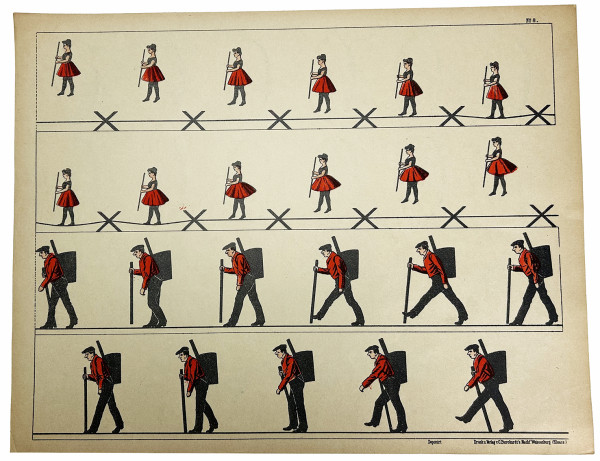 Tout pour fabriquer un zootrope : le mode d'emploi, un feuillet cartonné comportant le cylindre ajouré à découper, un plan figurant l'objet fini, et 15 ff.de planches à découper également, dont 14 imprimées recto-verso. 