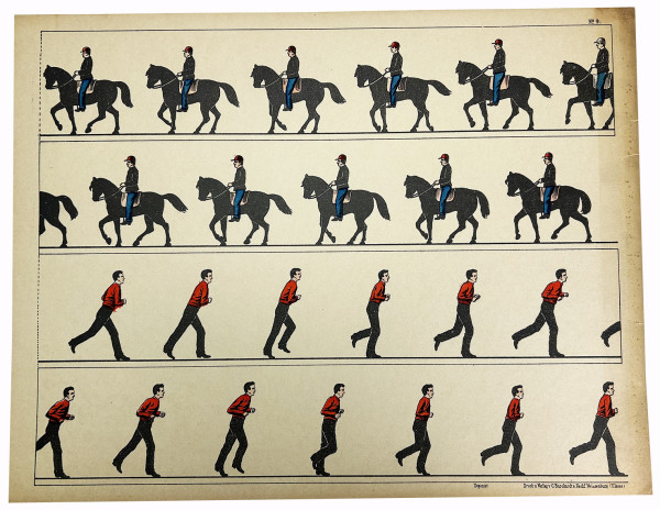 Tout pour fabriquer un zootrope : le mode d'emploi, un feuillet cartonné comportant le cylindre ajouré à découper, un plan figurant l'objet fini, et 15 ff.de planches à découper également, dont 14 imprimées recto-verso. 
