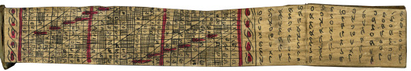 Manuscrit rituel et divinatoire sur écorce, illustré en noir et rouge. 