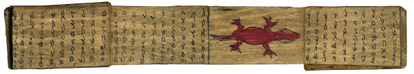 Manuscrit rituel et divinatoire sur écorce, illustré en noir et rouge. 